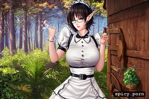 very tall, busty elf woman, large round glasses, forest cabin