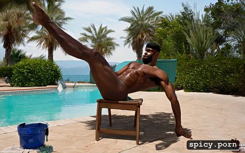 man, hairy body, armpits, full body view, beard, muscular, he is sitting on a chair