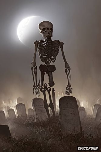 haunted graveyard at night, scary glowing walking human skeleton