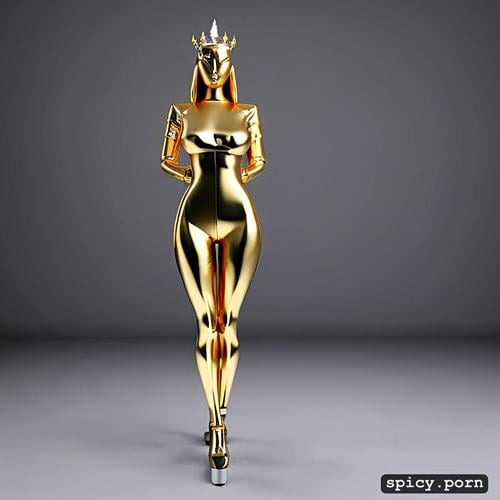 nsfw, one women, golden stockings, full height, robot, fully silver metal skin