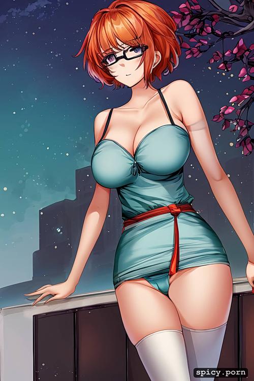 camisole, very tall, short hair, large round glasses, white stockings