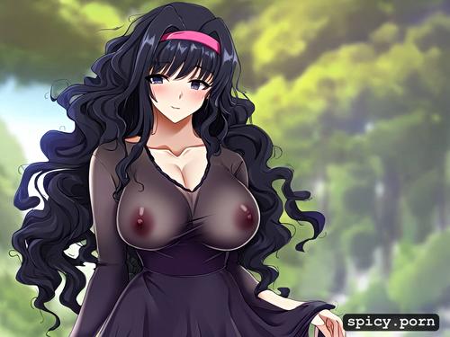pussy visible through clothes, dark purple hairband, very long hair