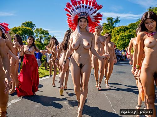natural, silky, extremely long, totally naked, wearing native headdress and jewelry