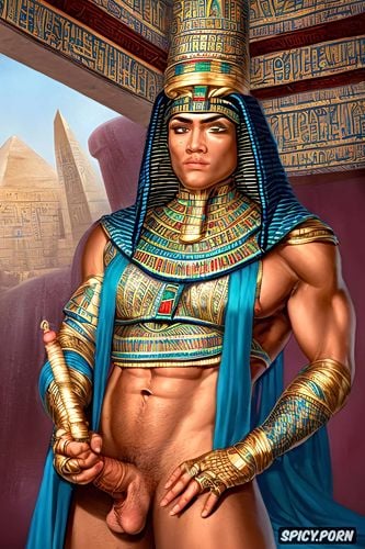 large erected penis, egyptian temple setting, mummified egyptian god min
