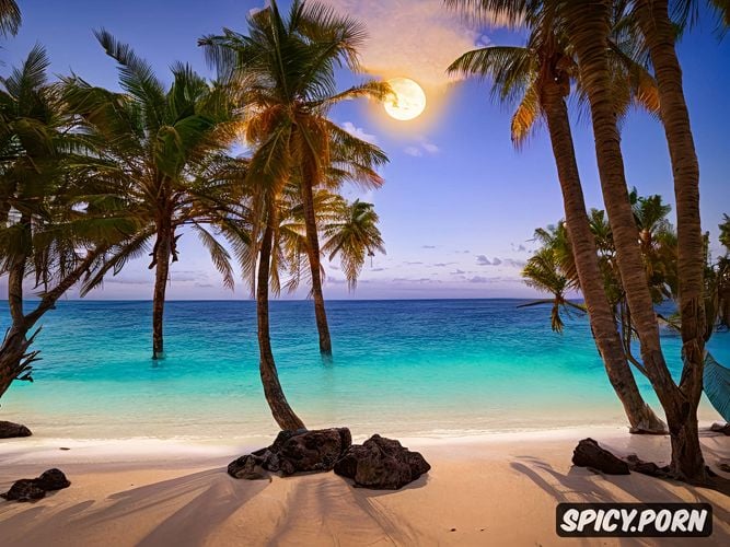 palm island in the background, young women, full moon, hiqh quality picture