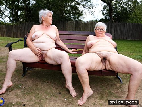 hairy pussies visible, huge tits, hairy armpits, two old naked fat grannies sitting on a park bench with their legs spread