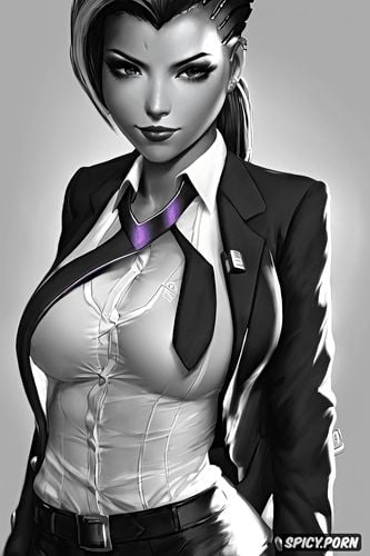 ultra detailed, ultra realistic, sombra overwatch beautiful face young reporter black blazer white shirt shirt unbuttoned