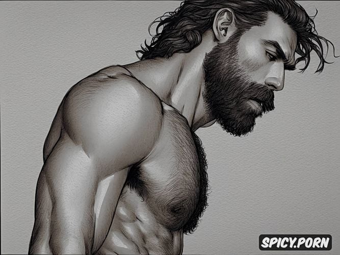 bearded hairy man, intricate hair and beard, 35 yo, hairy chest
