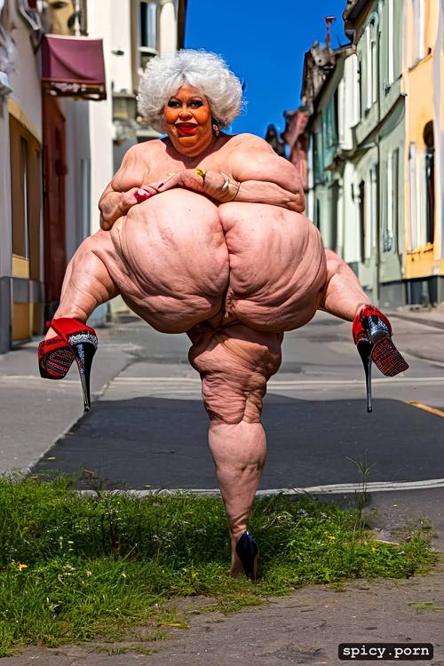 75 years old, highres, mouth wide open, fat legs, obese granny