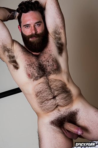 solo hairy hipster man with a big dick showing full body and perfect face beard showing hairy armpits indoors beefy body dark brown hair
