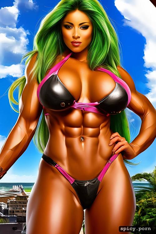 cosplay, highly detailed abs, long hair, shehulk, highly detailed body