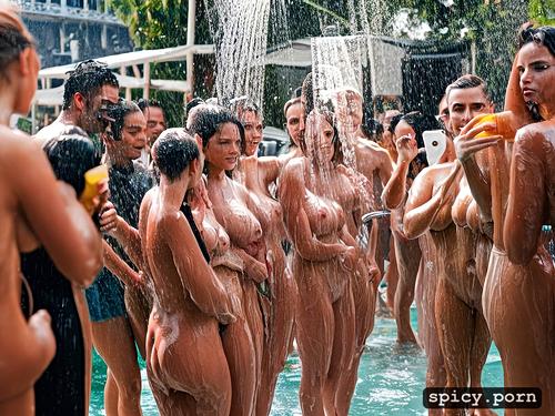 several women showering in a public shower, hidden camera photo