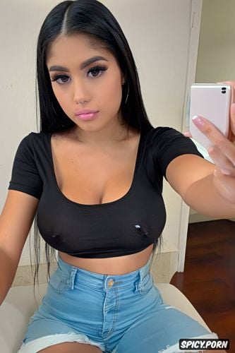 long eyelashes, real amateur selfie, jean shorts, small perky tits