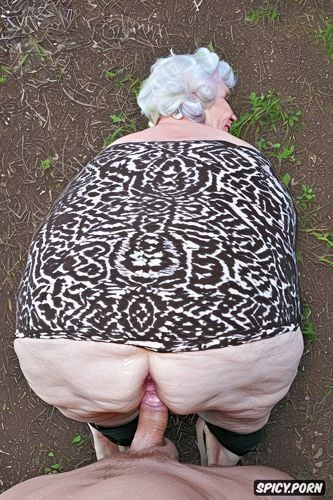 white granny, squatting, rear view, hyperrealistic pregnant pissing cellulite thighs blonde short haircut
