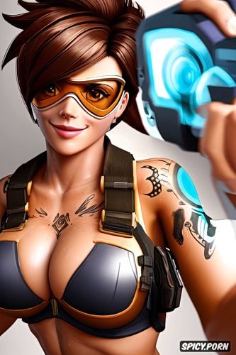 tracer overwatch beautiful face young full body shot, tattoos small perky tits tits out masterpiece