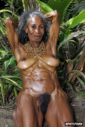 homeless granny, realistic pussy, thin arms and body, wearing tribal necklace
