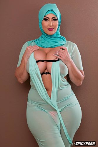stunning middle east lady, very muscled and curvy, solid pastel color background