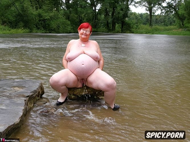 showing, lipstick, old thicc granny, pissing, very huge hanging breasts sitting in cum muddy river piss lake