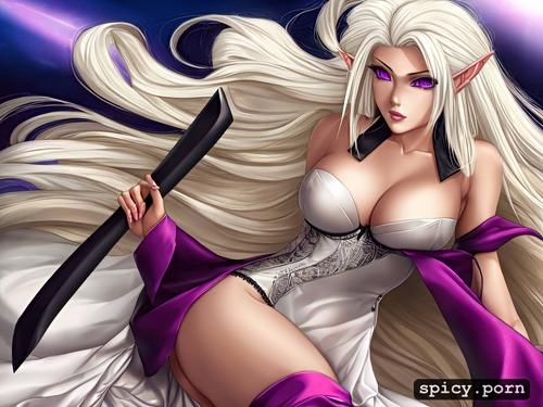 nude, purple eyes, see through clothes, seductive, perfect slim albino female elf