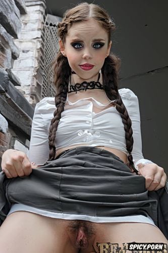 minimalistic, looking into camera, upskirt, detailed hair, braids no panties gentle smile no panties good pussy view trimmed pussy innie pussy puffy pussy gentle smile wednesday addams