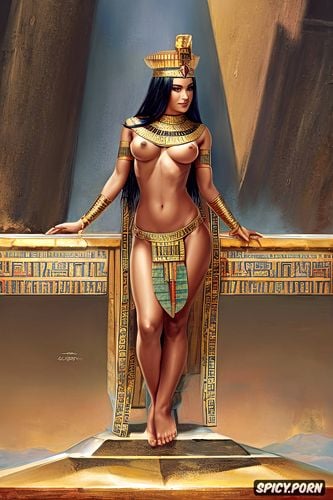 spreaded legs, sacred jewelry, full nude, pyramids, detailed eyes