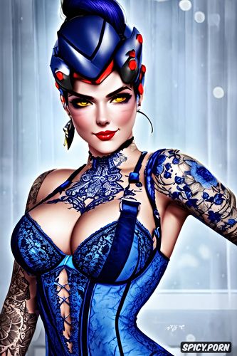 tattoos masterpiece, k shot on canon dslr, ultra detailed, widowmaker overwatch beautiful face young sexy low cut blue lace lingerie
