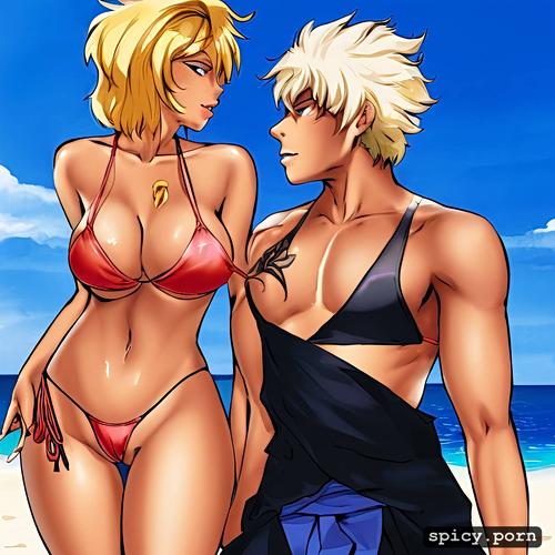 mating press, on the beach, interracial couple, woman with short blonde hair