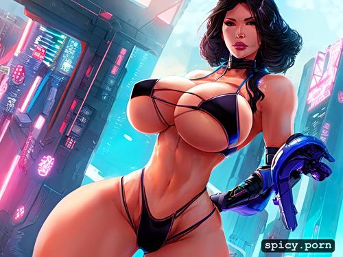 massive tits, asian, seductive look, pool, tight bikini