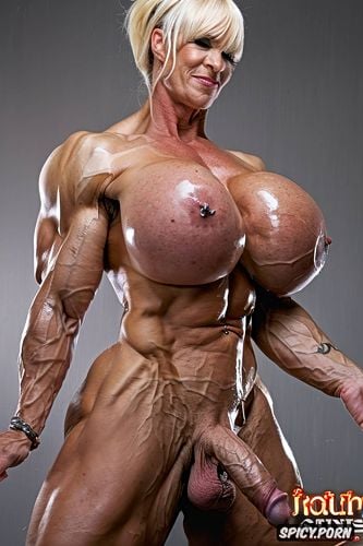 futanari, naked, huge dick, huge muscles, monster dick, piercing