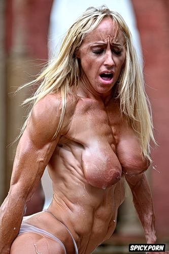 gangbanged by black bodybuilders, she is in doggy style and she is looking back at the camera