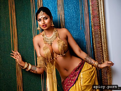 wide hips, indian, seducing pose, bride, saree, no blouse, 30 year old