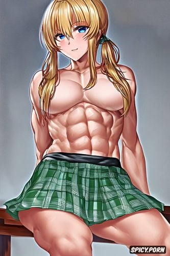 natural lighting, colored, abs, micro plaid skirt, topless large breasts