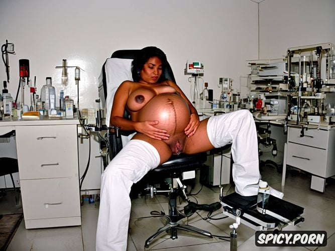 dark nipples, bimbo, in a laboratory, legs spread, hooked up to medical equipment