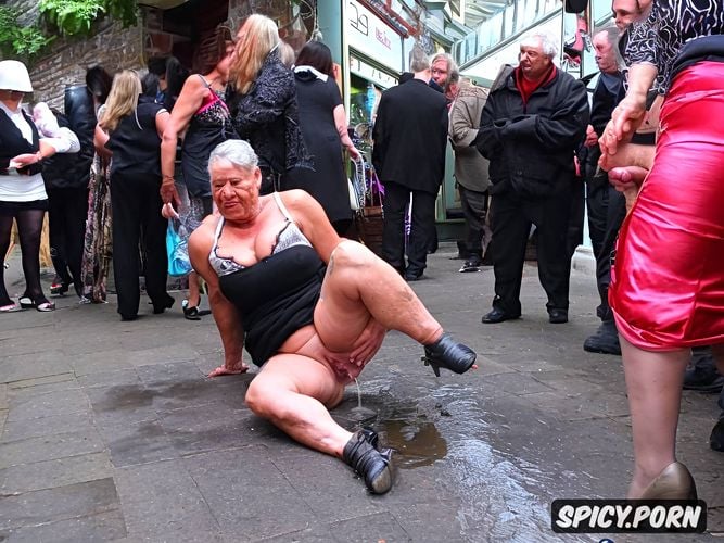 granny woman german, whore, piss on the floor, full view, begging in a street full of shops