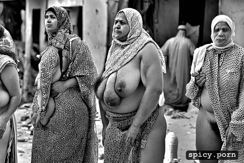 in busy filthy slum, massive belly, naked arabic obese matures