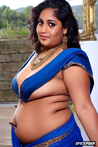 one boob exposed, full front, big tits, hands behind head, beautiful sari