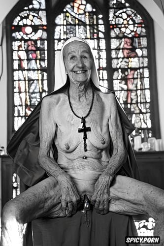 bony, ninety year old, smiling, cathedral, grey hair, holding small saggy breast