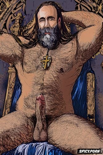 image of a hairy older male priest with a long beard sitting inside a church showing off his hairy armpits and big dick wearing a little cross necklace