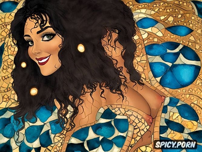 in the style of gustav klimt portrait, disney s ursula, lovely smiling face