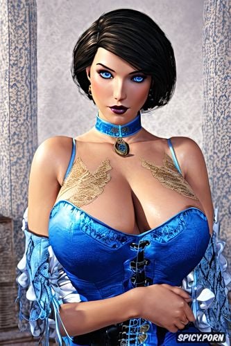 tits out, masterpiece, ultra realistic, elizabeth bioshock infinite beautiful face small perky natural tits pale skin blue eyes short black hair corset blue bolero jacket and a blue long skirt no makeup topless