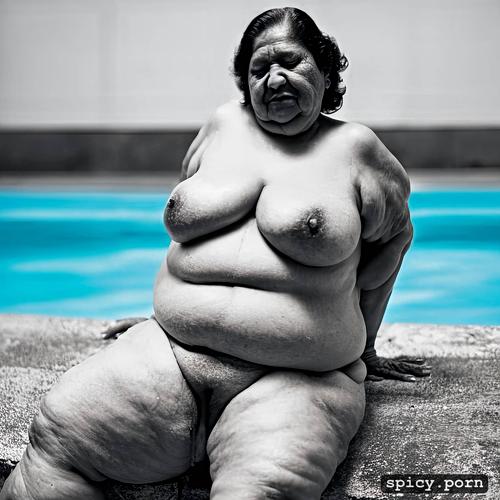 swimming in the pool, curly short hair, centered, an old hispanic woman with obese belly