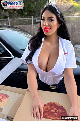 on an evening, steamy hot pizza box, clothed breasts, buxom bimbo delivering a closed thin pizza box with pizza graphics on it