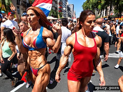 chilean flag crowd staring, 2 extremely muscular 18 year old cute women showing off defined muscles on the streets of santiago of chile