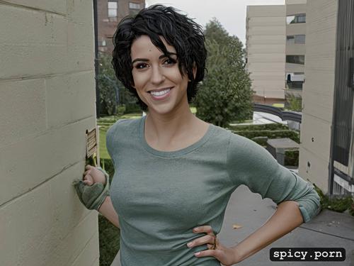 ashly burch smiling, starting to unzip and pull down her pants