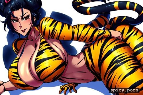 tiger milf, huge ass, black hair, intricate, 40 yo, tiger tail
