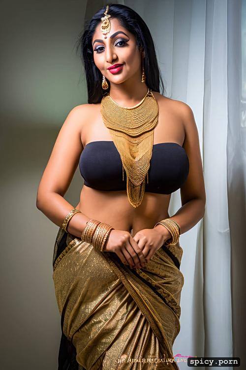 40 years old, busty body, black hair, half saree, gorgeous face