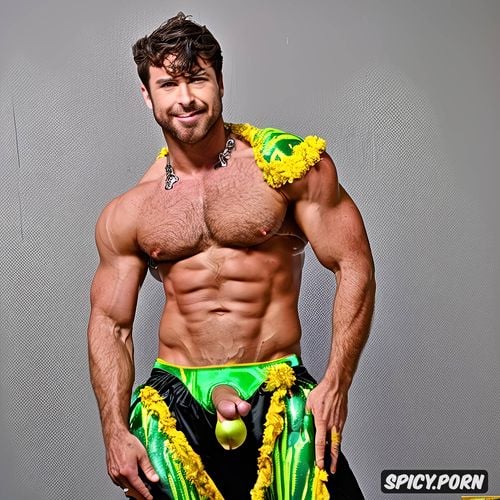 handsome muscular male gay performer at rio carnival, perfect handsome satisfied face
