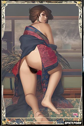 thick japanese woman, sfumato, cranach, brown hair, poor, pink vagina