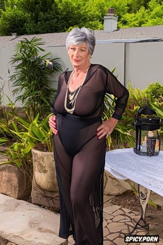 jewelry, horny, gilf, sexy, short, wearing sheer jumpsuit, large camel toe