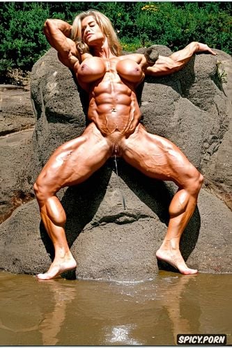 big calves, extreme muscle definition, partially squatting, defined abdominal muscles